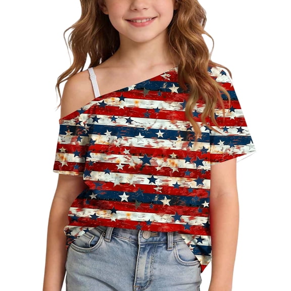 Amzcrzy Girls T Shirt One Shoulder Short Sleeve T Shirts for Girls 5-13 Years American Flag Print Casual Summer Tops Lightweight Breathable Independence Day 4th of July Outfits @20 5 Years