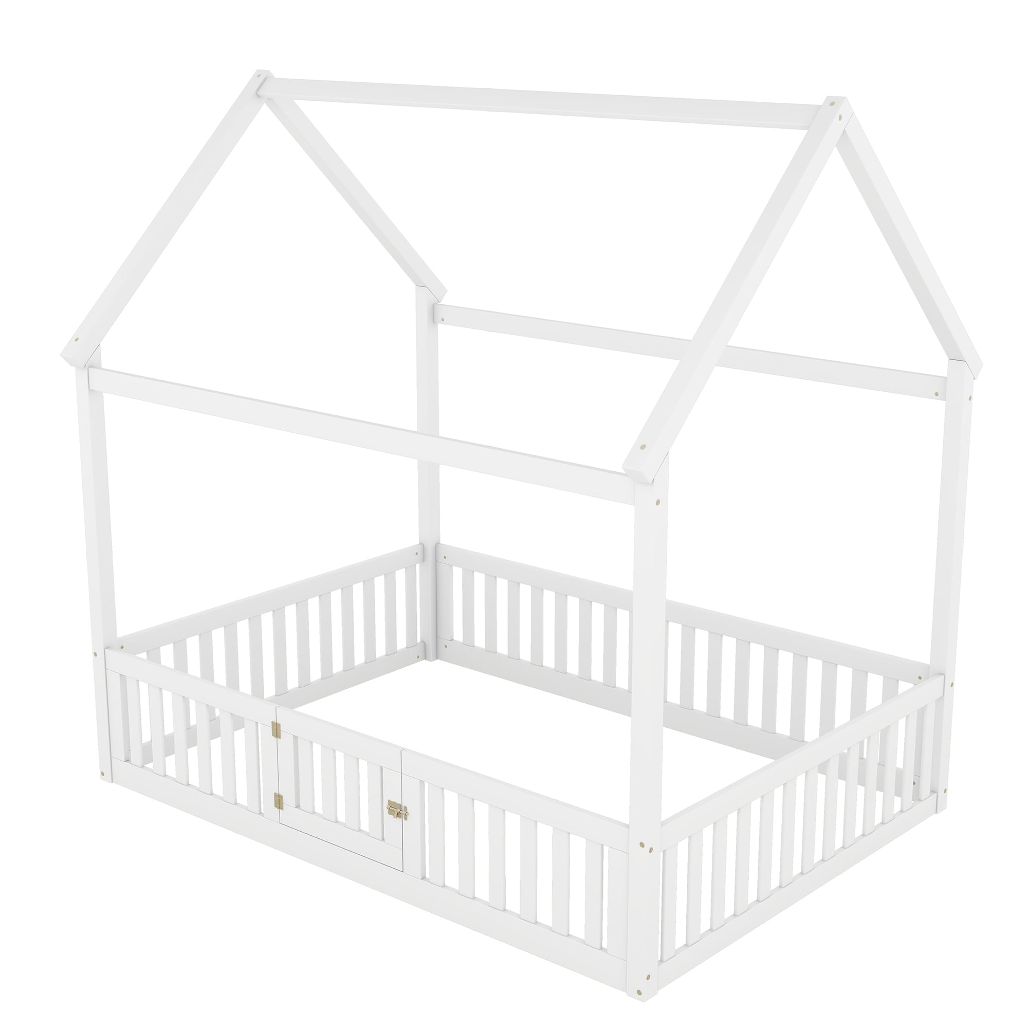 Harper & Bright Designs Full Size Floor House Bed, Wood Montessori Bed with Fence & Door, Full House Bed with Roof for Girls & Boys, White