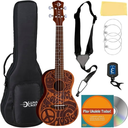 Luna Love Music Peace Concert Ukulele Bundle with Gig Bag, Strap, Tuner, Strings, Austin Bazaar Instructional DVD, and Polishing Cloth