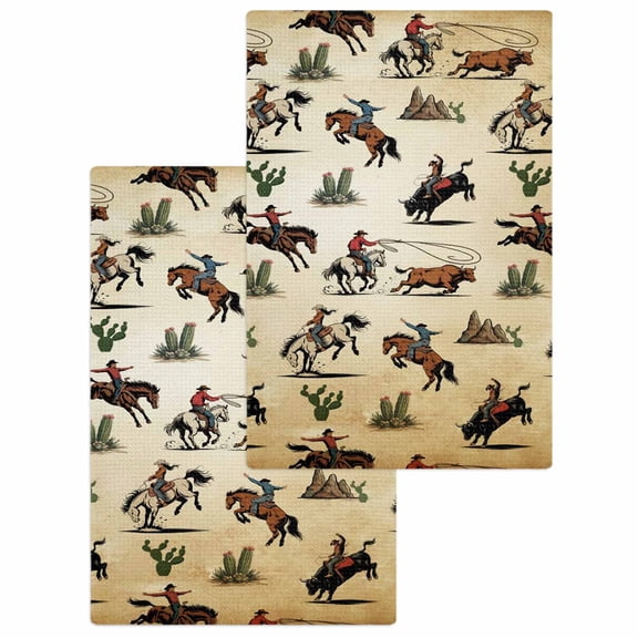 Western Cowboys Kitchen Dish Towels for Drying Dishes Set of 2, Brown Vintage Country Cactus Waffle Weave Microfiber Hand Tea Bathroom Towels Quick Dry & Absorbent Towel 15.7x23.6