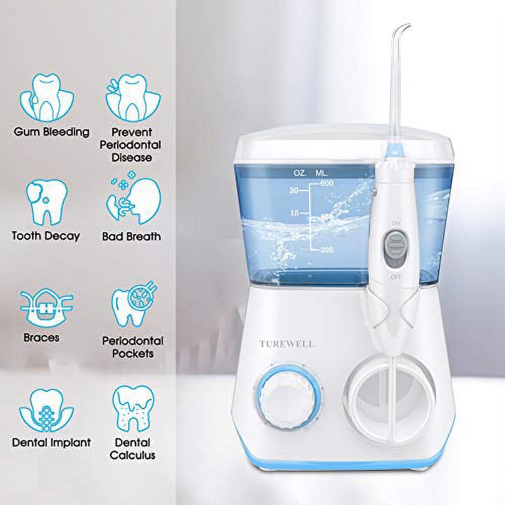 TUREWELL Water Flossing Oral Irrigator, 600ML Dental Cleaner 10 Adjustable Pressure, Electric Oral Flosser for Teeth/Braces, 8 Water Jet Tips for Family (White) - image 2 of 3