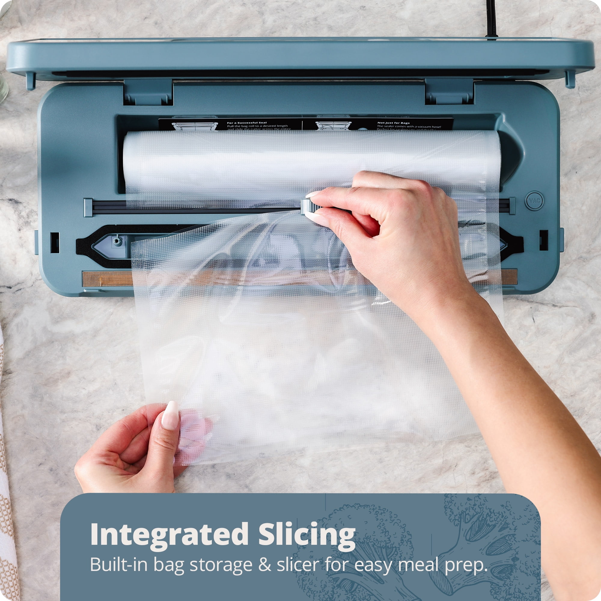 Greater Goods Vacuum Sealer Machine for Sous Vide Cooker, Freezer Bags, and More, with 1 Roll of Vacuum Seal Bags (Stone Blue)