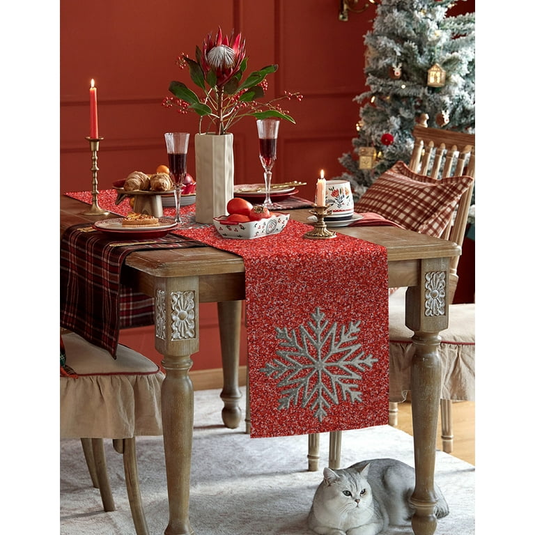 Table Runner Dresser Scarves 60 Inch Long, Christmas Winter Silver  Snowflake Linen Dining Table Runners Shining Glitter Red Back Tabletop Scarf  for Wedding Holiday Party Kitchen - Walmart.com