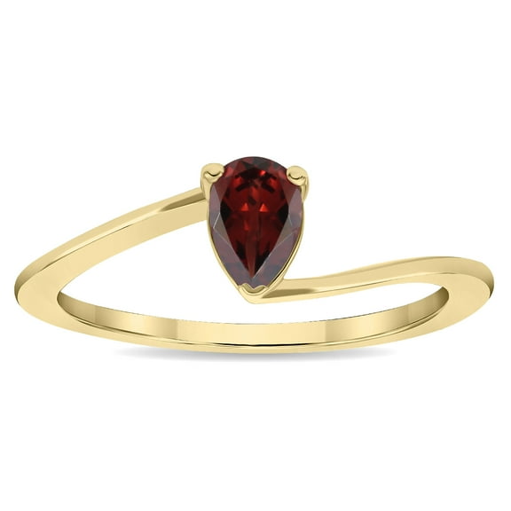 SZUL Women's Solitaire Pear Shaped Garnet Wave Ring in 10K Yellow Gold