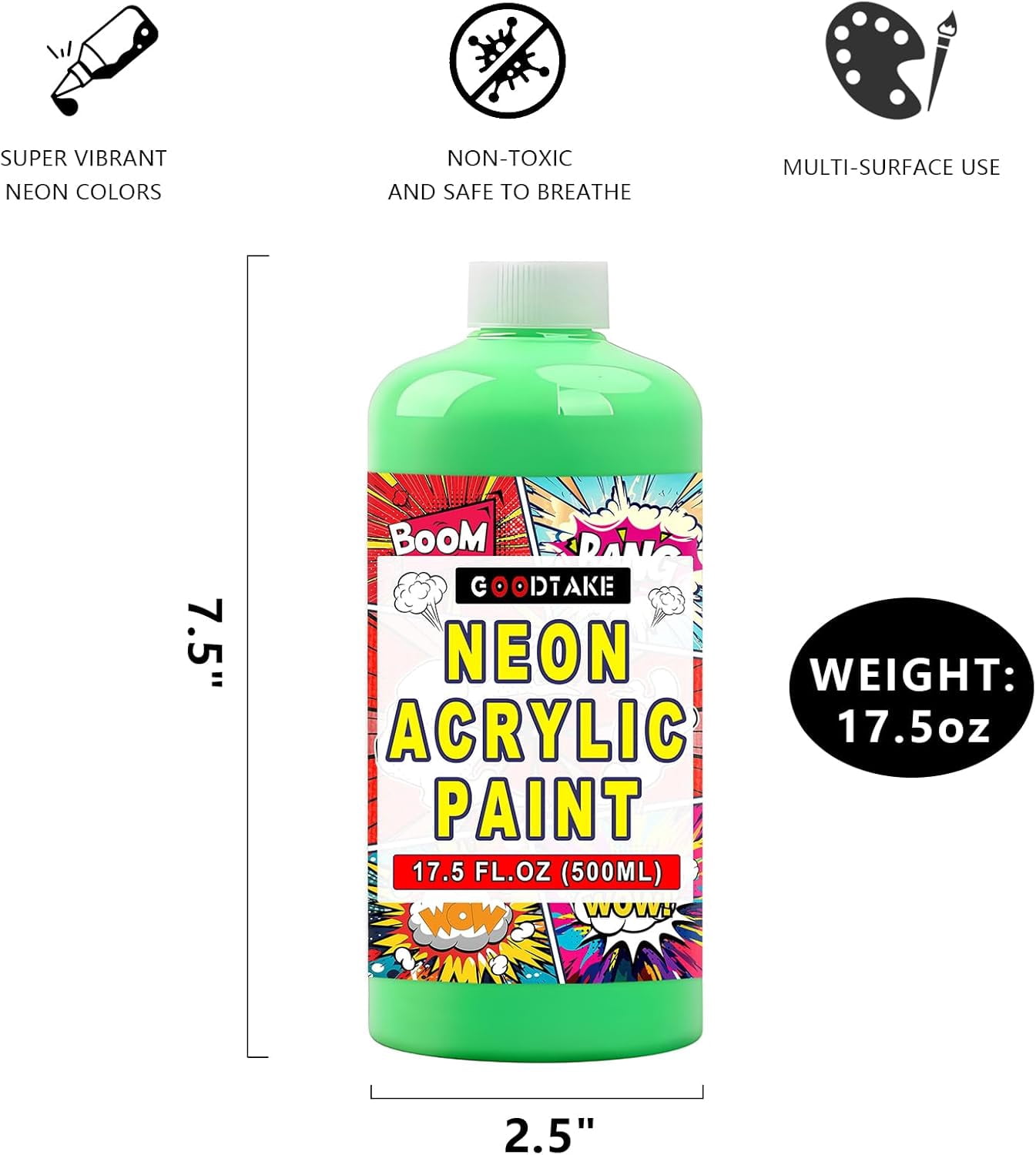 GOODTAKE Neon Acrylic Paint | 17.5 oz Bottles | Student Neon Colors Acrylics Painting | Non-Toxic | Neon Green Paints for Canvas, Paper, Rocks| Art & Craft Paints for Artists, Kids (Neon Green)