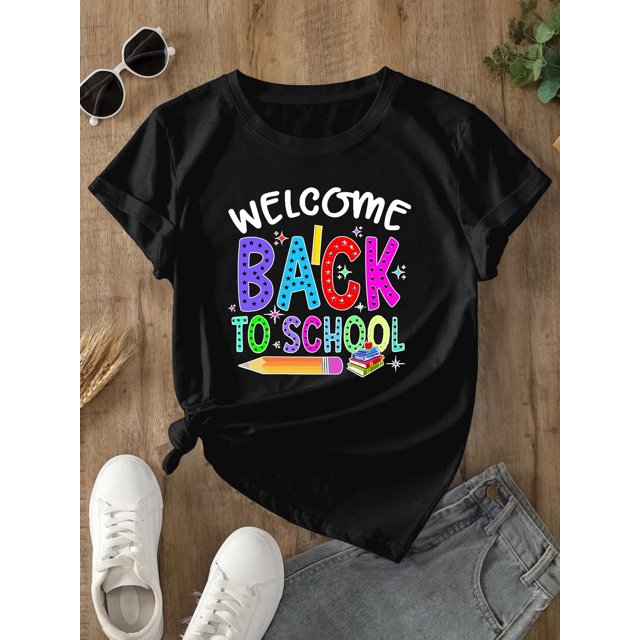 Girls' Back to School T-Shirt - Welcome Graphic Tee with, Soft Knit Top for First of School, Easy Care Round Neck Shirt for Young Students, Girls' T-shirts, Backtoschool Outfit, Playful Design