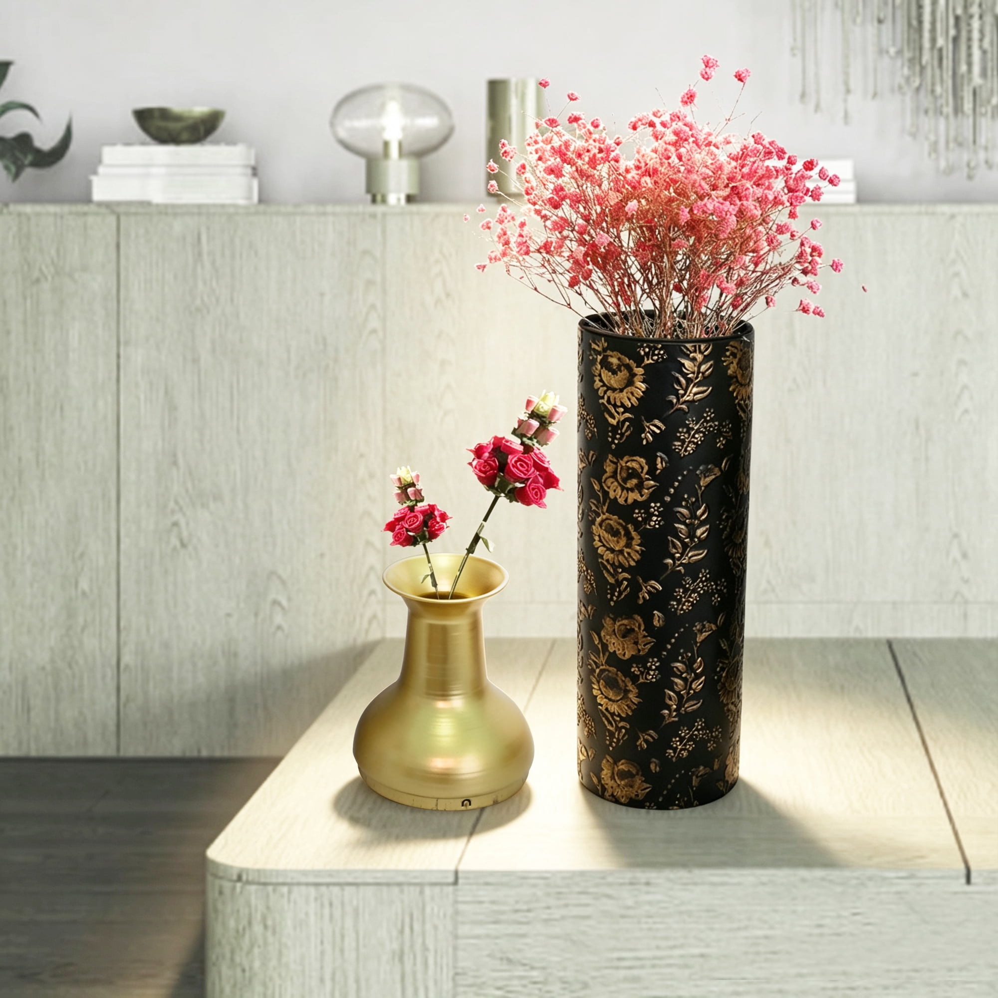 Leumius Decorative Metal Vases Set of 3, Gold Leaf Pattern Floor Vases, Black& Gold Tall Vases for Home Decor, Living Room Entryway Decor