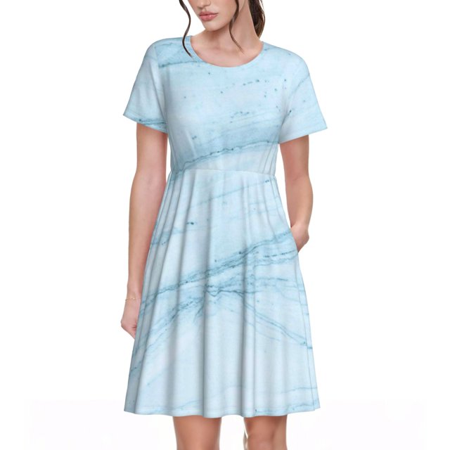 Balery Blue Marble Vestidos sueltos de manga corta para mujer, vestidos de verano 2025, vestidos casuales de corte A con vuelo.
