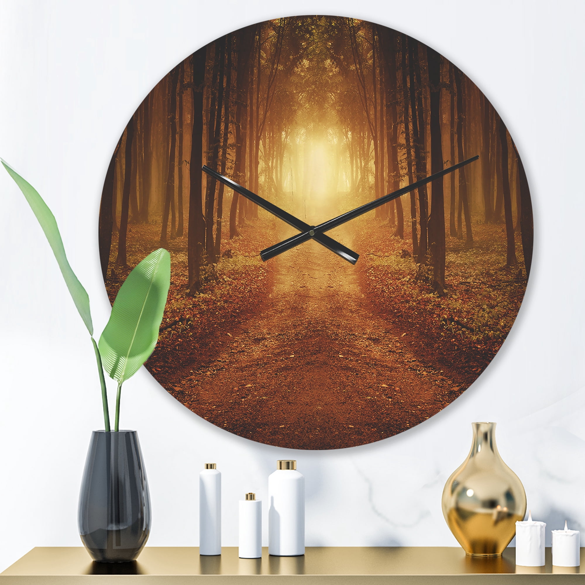 Designart 'Road in Symmetrical Forest During Sunset Light' Rustic Wood Wall Clock