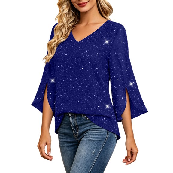 Qiggri Women Blouses Ruffle 3/4 Sleeve Sequin Top V Neck Double Layer Tunic Comfortable Tunic Dressy Casual Lightweight Summer Fall Outfit 2026 Fashion L