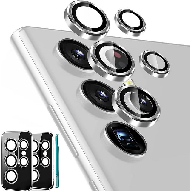 2pcs Camera Lens Protector Compatible Samsung Galaxy S22 Ultra, Hd Tempered Glass Metal Ring Camera Protector