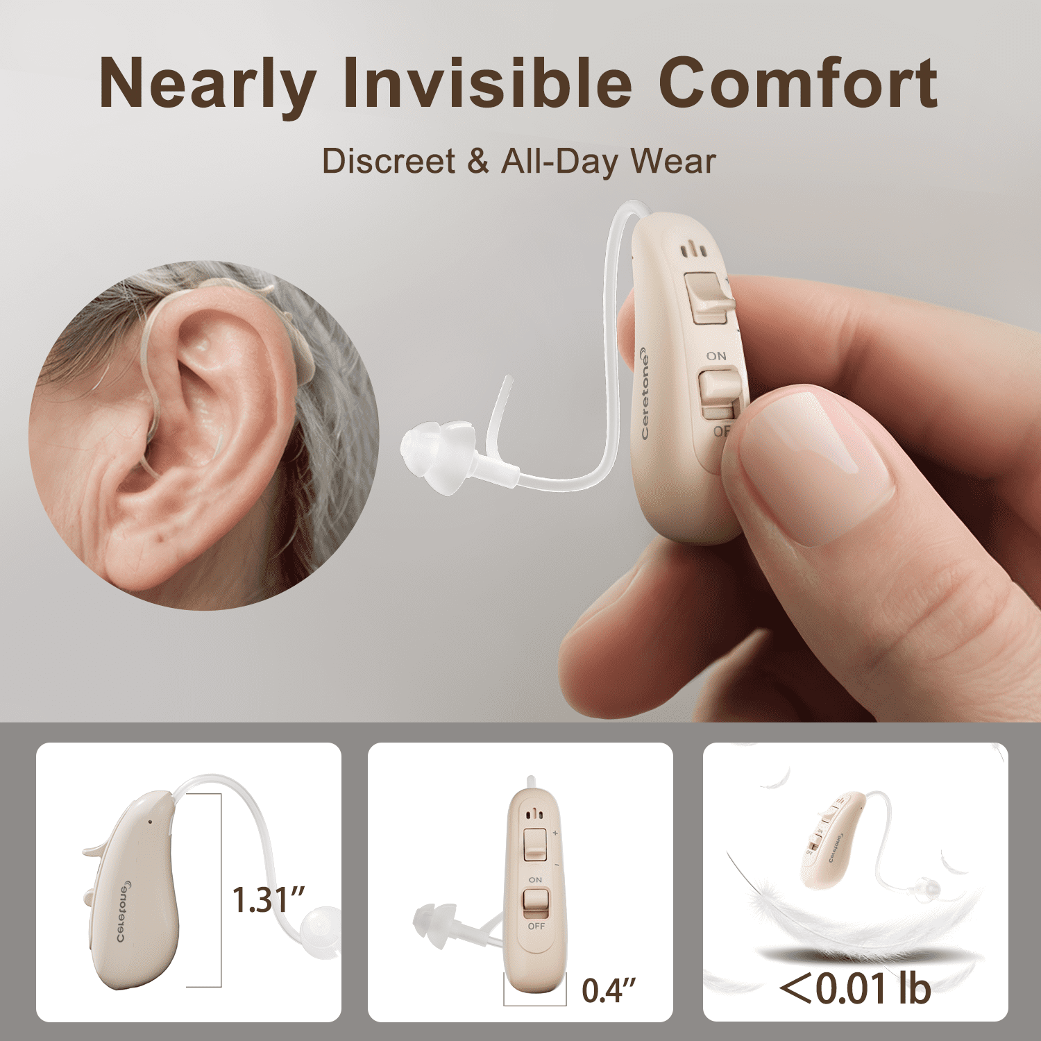 Ceretone Solid Hearing Aids with Intricon® Digital Chip, Rechargeable OTC Digital Hearing Devices for Senior - Virtually Invisible, Volume Control & Preset Programs