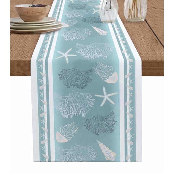 Table Runner Dresser Scarves 60 Inch Long,Marine Coral Octopus Starfish Shell Linen Dining Table Runners Underwater Life on Light Blue Tabletop Scarf for Wedding Holiday Party Kitchen