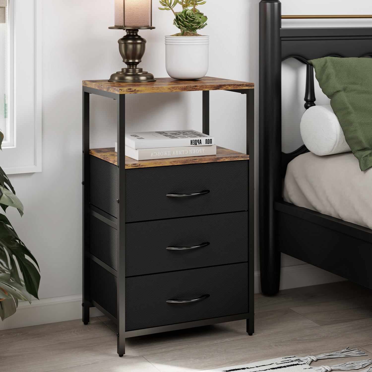 LENLN ‌Nightstand,Side Table with 3 Fabric Drawers End Table with Open Shelf,Bedside Table Night Stand for Bedroom ,Closet, Dorm, Rustic Brown and Black