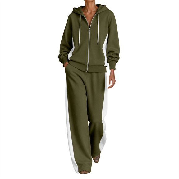 Yigetop Women's 2 Piece Tracksuit Outfit Zip up Hoodie & Wide Leg Pants Casual Travel Athletic Matching Set Blackish Green L