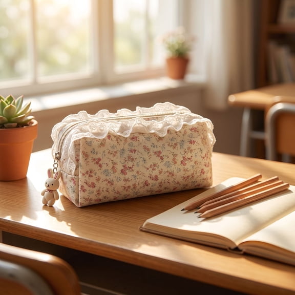 Sweet Lace Floral Cosmetic Bag, Cottagecore Ruffle Lace Makeup Pouch, Portable Large Capacity Travel Toiletry & Stationery Storage Bag(White)