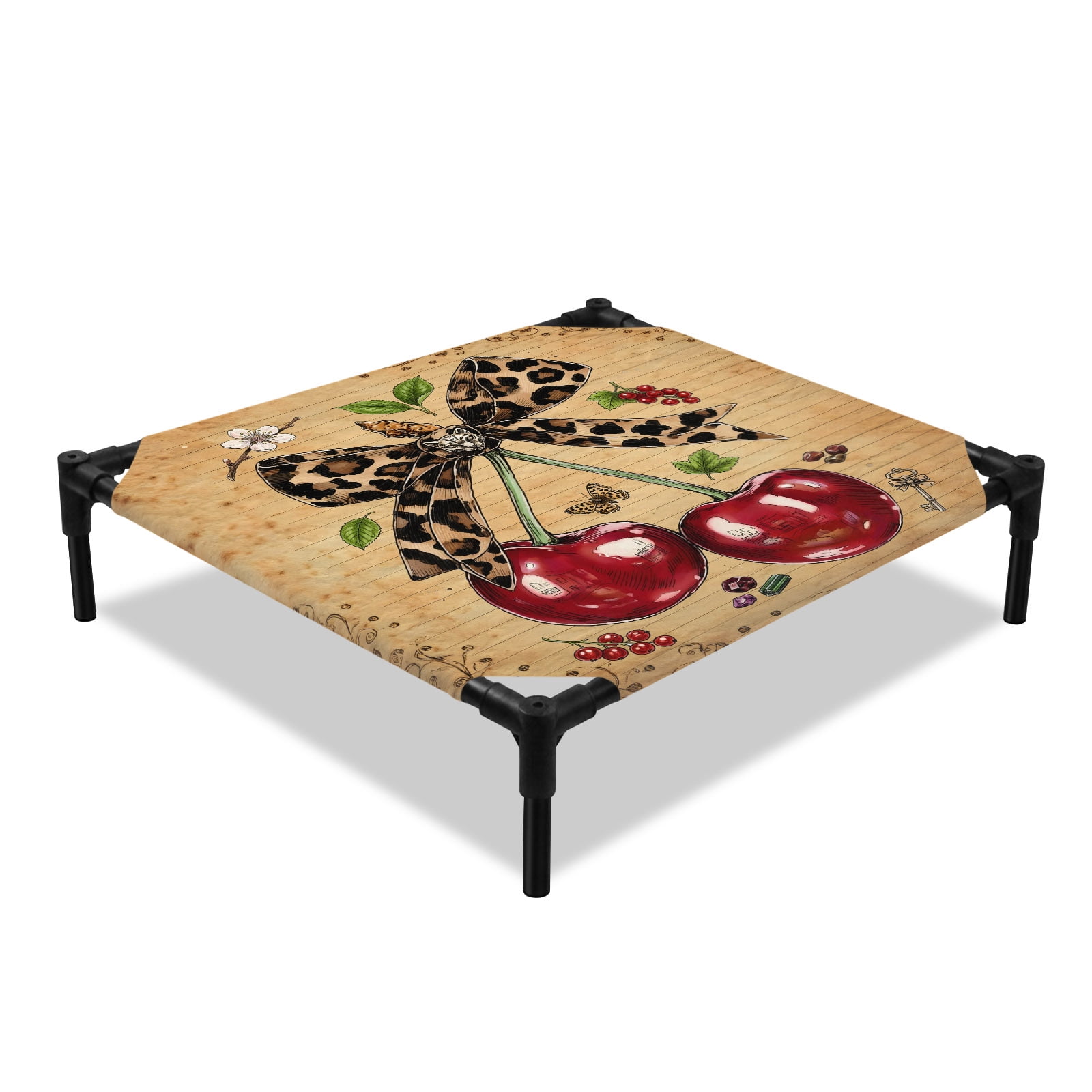 Red Berry Elevated Dog Bed Christmas Spotted Bow Green Leaf Brown Wood Grain Vintage Cooling Breathable Outdoor Raised Dog Cot Bed with Metal Frame Non-Slip Feet for Small Dog 20x20in