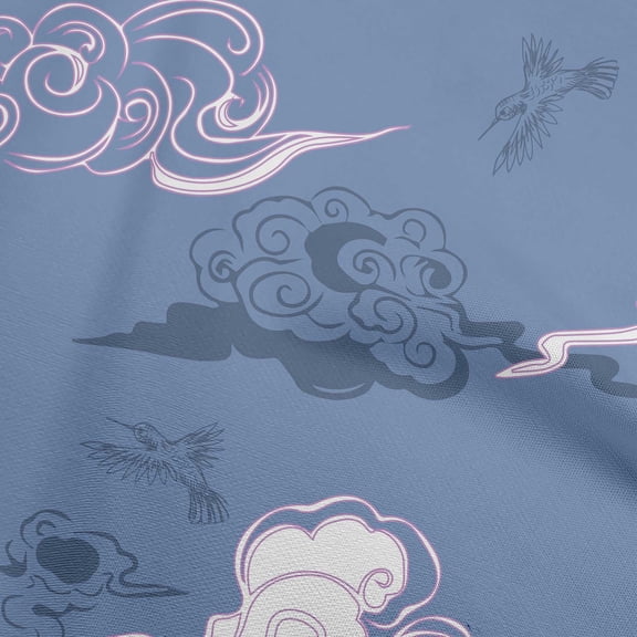 oneOone Viscose Jersey Medium Blue Fabric Asian Japanese Floral Birds With Plants Quilting Supplies Print Sewing Fabric By The Yard 60 Inch Wide
