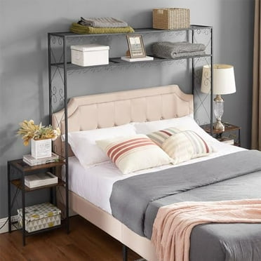 Queen Size Headboard with Charging Station 2 Bed Cabinets Headboards with 2 Outlets Headboard with Shelves Storage Rack Only for Bedroom Black and Rustic