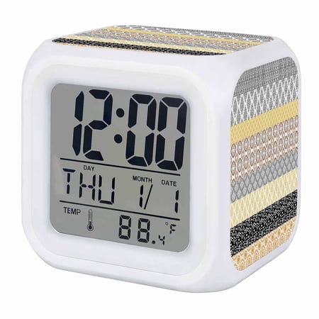 Alarm Clocks Boho Digital Clock 7 Color LED Night Light Silent Non-Ticking Battery Operated Bohemian Geometric Stripes Yellow Grey Cube Clocks for Bedroom Bedside Living Room Office School