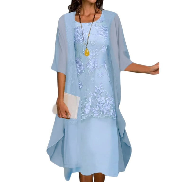 VBARHMQRT Petite Dresses for Women 2024 Women Casual Embroidery Dress Round  Neck Sleeve Dress Half Sleeve Chiffon Shawl Cardigan Two Set Dress Feather