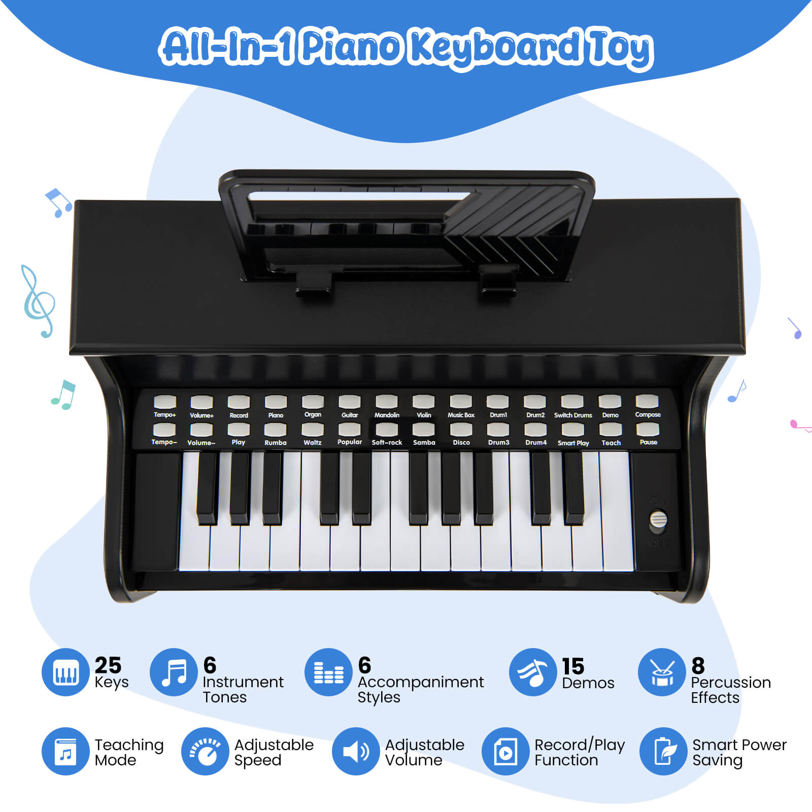 Infans 25 Keys Digital Piano w/Music Stand Stool Lighted Keys Teaching Mode for 3+ Kids