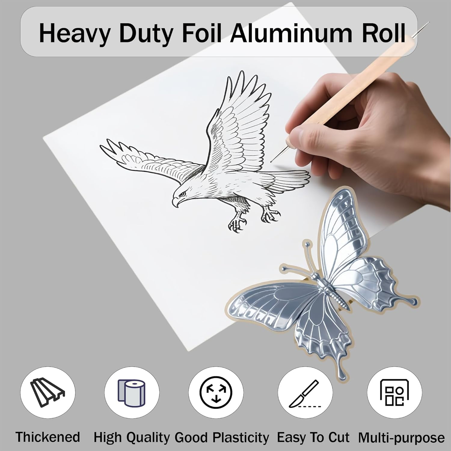 Heavy Duty Foil Aluminum Roll: Foil Aluminum Roll, Thickened Micron Aluminum Flashing Roll Aluminum Sheet Metal, Foil Sheets for Crafts, Painting, Embossing, Tin Foil Sheets (8in W, 33ft L, 70um)