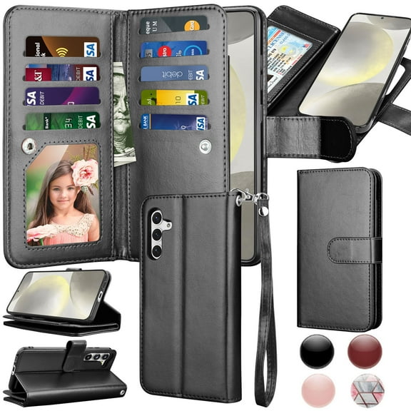Galaxy S24 5G Case, Takfox Wallet Case for Samsung Galaxy S24, PU Leather Credit Card Holder Case [9 Card Slots] Folio Flip Detachable Magnetic Cover Kickstand & Carrying Strap, Black