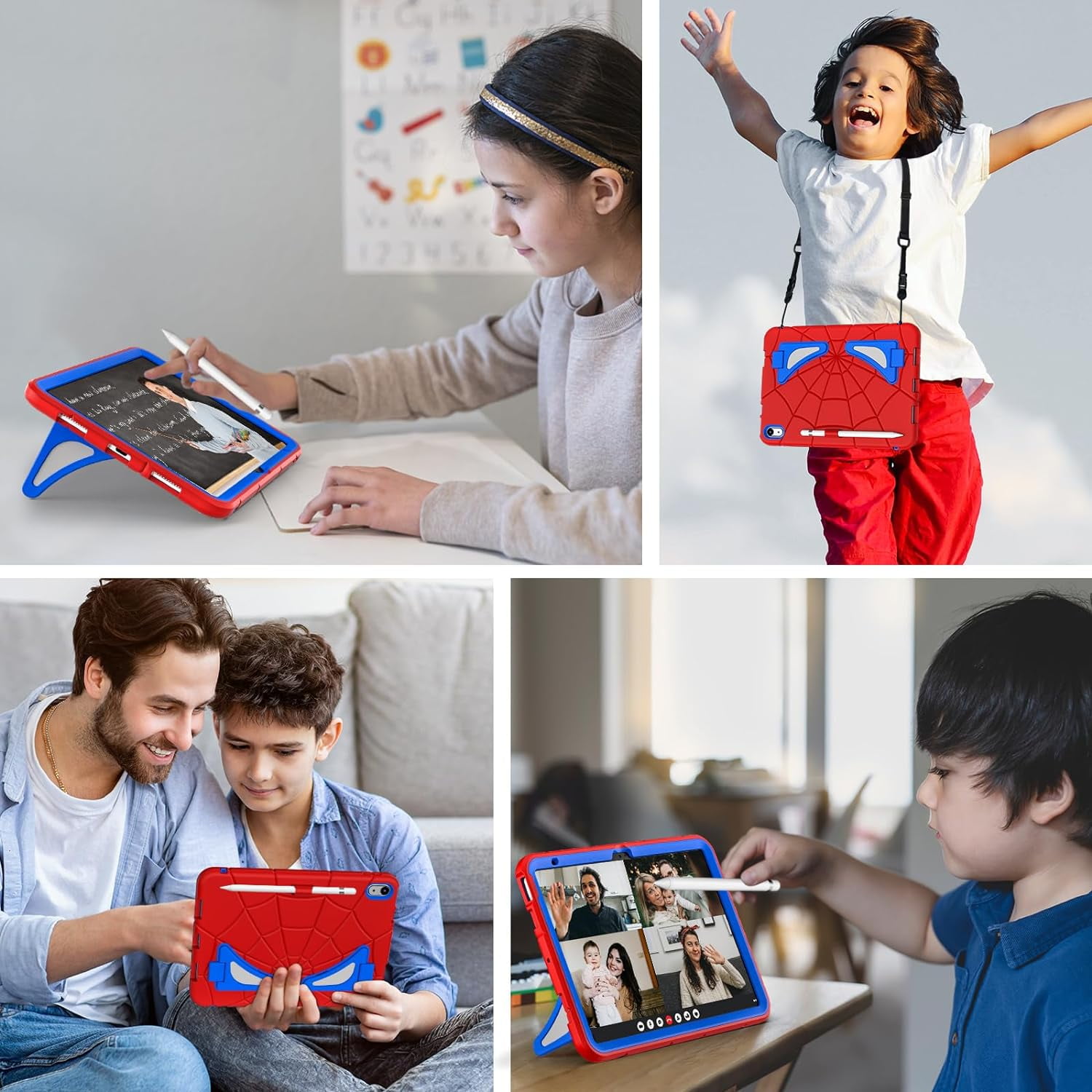 REQO iPad 10th Generation Case 2022, Kids Friendly iPad 10.9 Case with Kickstand Shoulder Strap Pencil Holder, Heavy Duty Protective Case for iPad 10th Generation 2022 Release, Red Royal Blue