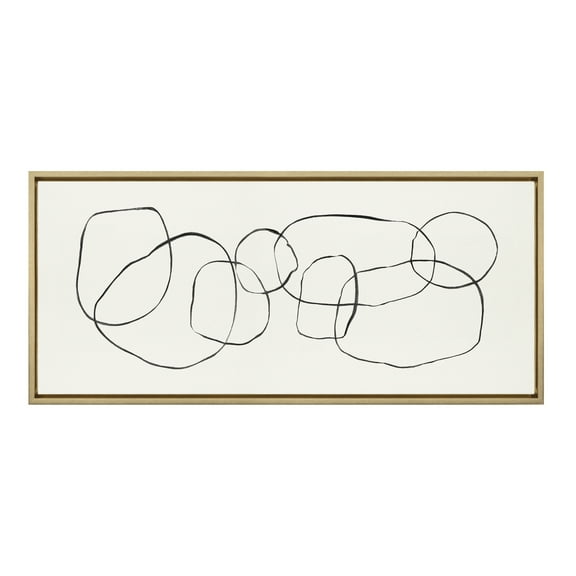 Kate and Laurel Sylvie Dancing Circles Framed Linen Textured Canvas Wall Art by Teju Reval of Snazzyhues 18x40 Gold Neutral Abstract Wall Decor