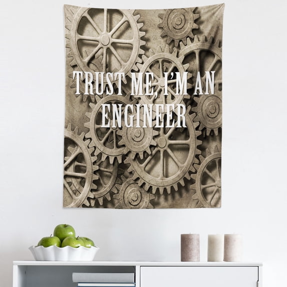 Engineering Tapestry, Trust Me Im an Engineer Typography Funny Job Themed Saying on Wheels, Fabric Wall Hanging Decor for Bedroom Living Room Dorm, 5 Sizes, Pale Sepia White, by Ambesonne