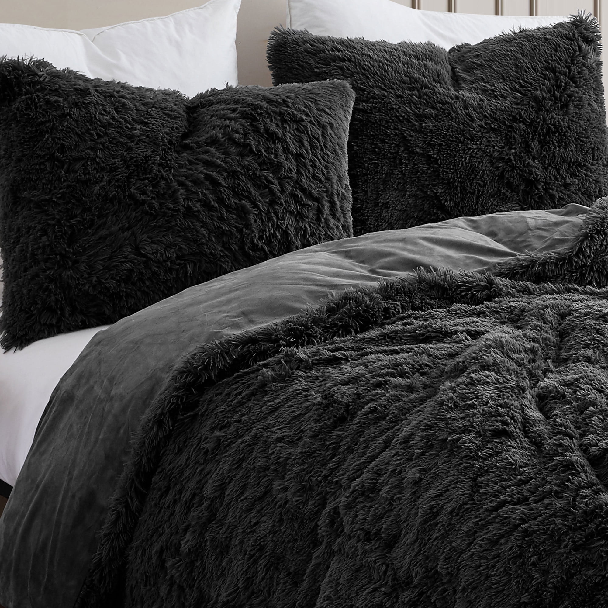 Sweet Home Collection Long Faux Fur Plush 3-Piece Microfiber Comforter Bedding Set - Black, Queen