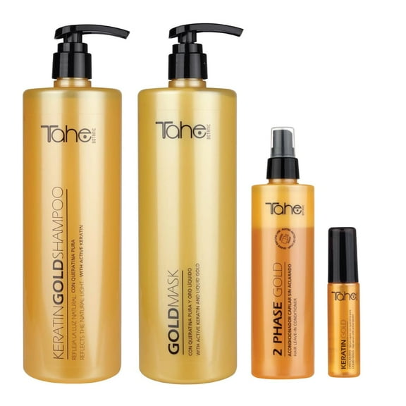 Tahe Keratin Gold Shampoo 1000ml, Mask 1000ml, Serum 30ml & 2 Phase Gold Bio-Fluid Leave-In Conditioner 300ml