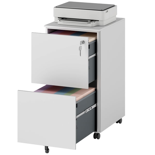 White 2-Drawer Vertical Steel Filing Cabinet on Wheels - Lockable Office File Cabinet for A4, Letter & Legal Size Documents - Ideal for Home or Office Storage