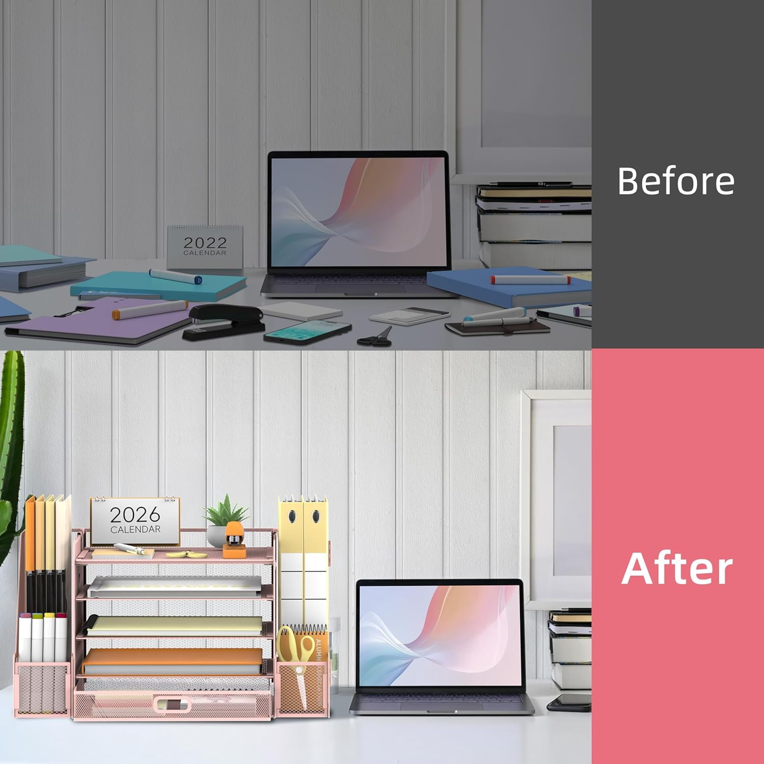 INTIGE 5-Tier Metal Mesh Desk Document Organizer with File Holder, Pen Holder and Drawer, Pink