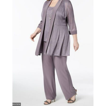R & M Richards Metallic Ribbed Knit Mock 2-Piece Pant Set, Silver, 12P