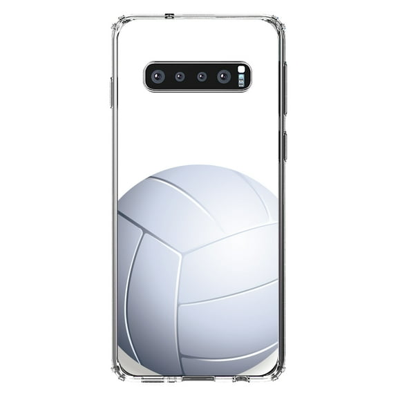 DistinctInk Clear Shockproof Hybrid Case for Samsung Galaxy S10  PLUS(6.4" Screen) - TPU Bumper, Acrylic Back, Tempered Glass Screen Protector - White Volleyball