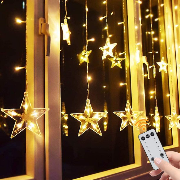 Guirnalda de luces LED para cortina de ventana de 12 estrellas con 138 luces, control remoto y 8 modos de parpadeo. Decoración para Navidad, bodas, dormitorios, fiestas y cumpleaños. 2,1 m de ancho x