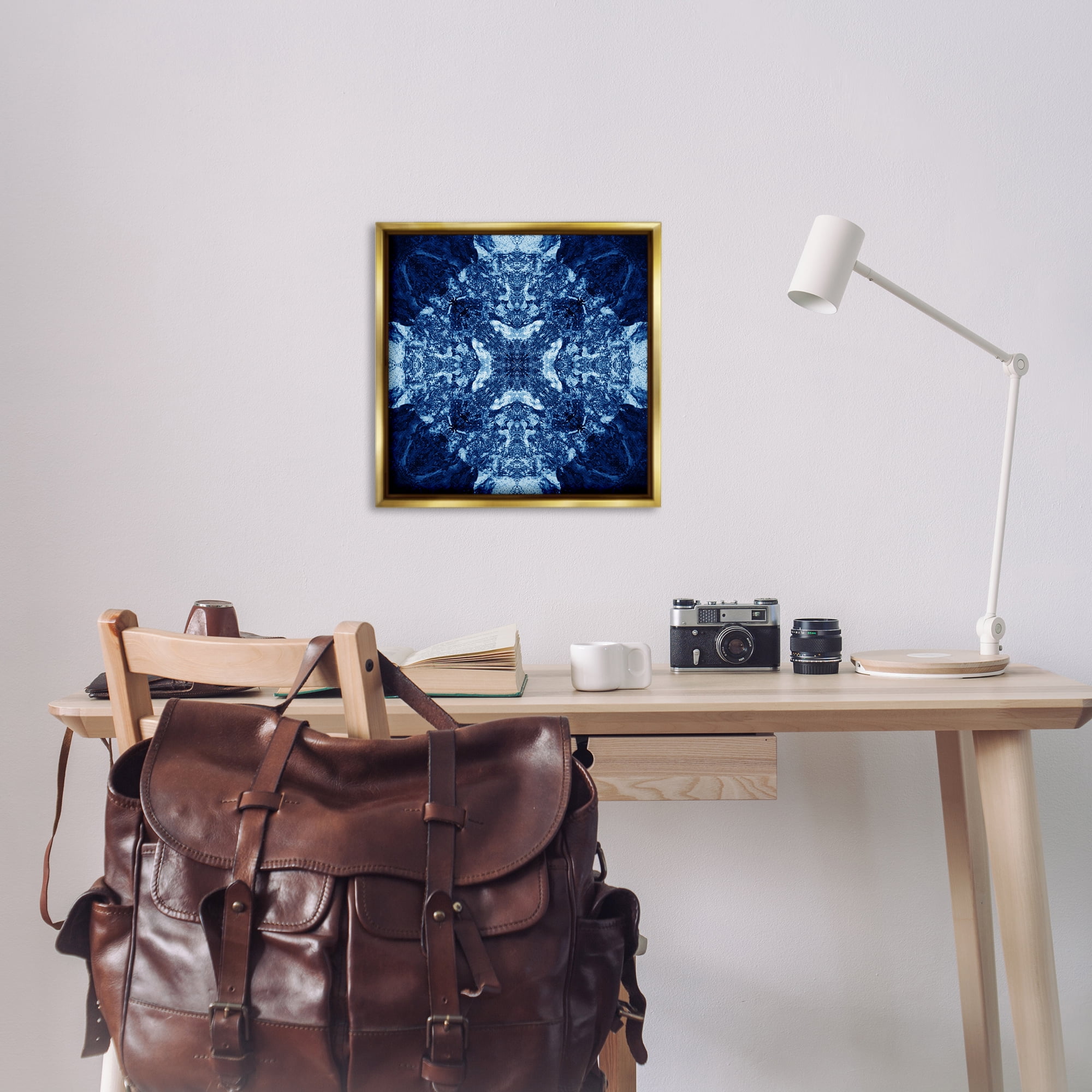 Stupell Industries Mosaic Pattern on Blue Abstract Painting Gold Floater Framed Canvas Art Print Wall Art, 25 x 25