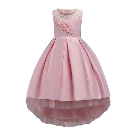 Funcee Formal Girl Flower Embroideried Lace Trailing Princess Dress Sleeveless for Bridesmaid Party Wedding