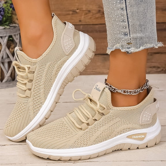 Domzle Women's Walking Shoes Slip On Comfortable Running Tennis Shoes Lightweight Breathable Non Slip Casual Athletic Fashion Sneakers Beige