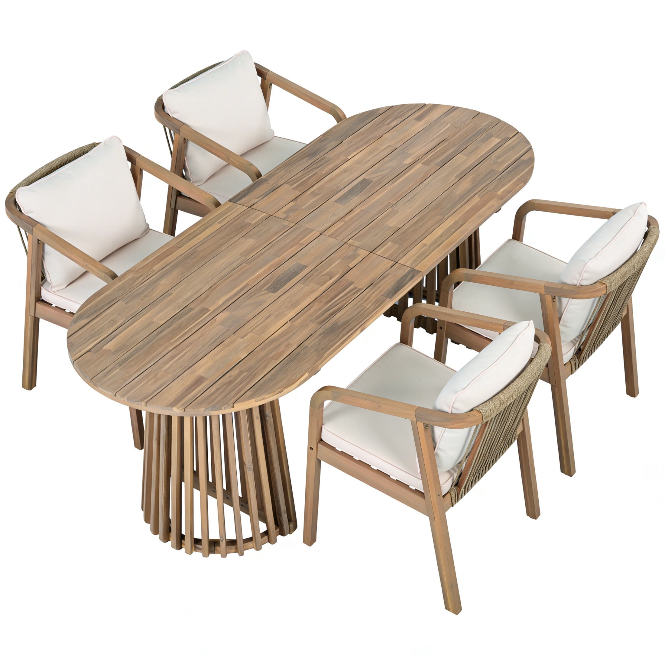 Christopher Knight Home 5-Piece Outdoor Dining Table with Rope Back Chairs and Cushion, Light Teak+Beige