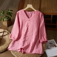 thumbnail image 2 of Vestidos Casuales Para Mujer, Blusas De Mujer De Moda Blusas de moda para mujer con cuello redondo, manga corta y botones de imitación de lino bordados, 2 of 7