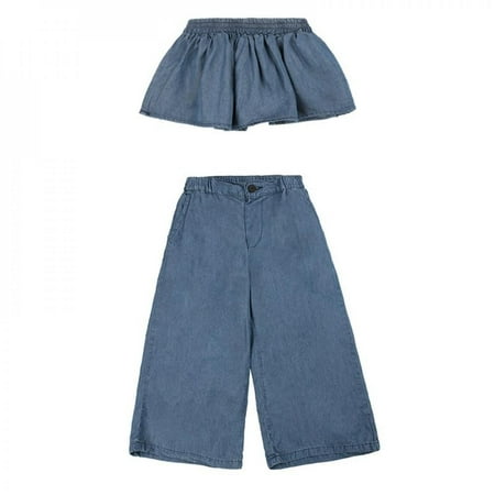 

Bullpiano Summer Girl 2PCS Set Fashion Denim Sleeveless Wrap-up Top +Wide-leg Pants Kid Clothing For Girl Casual Cool Outfit Suit