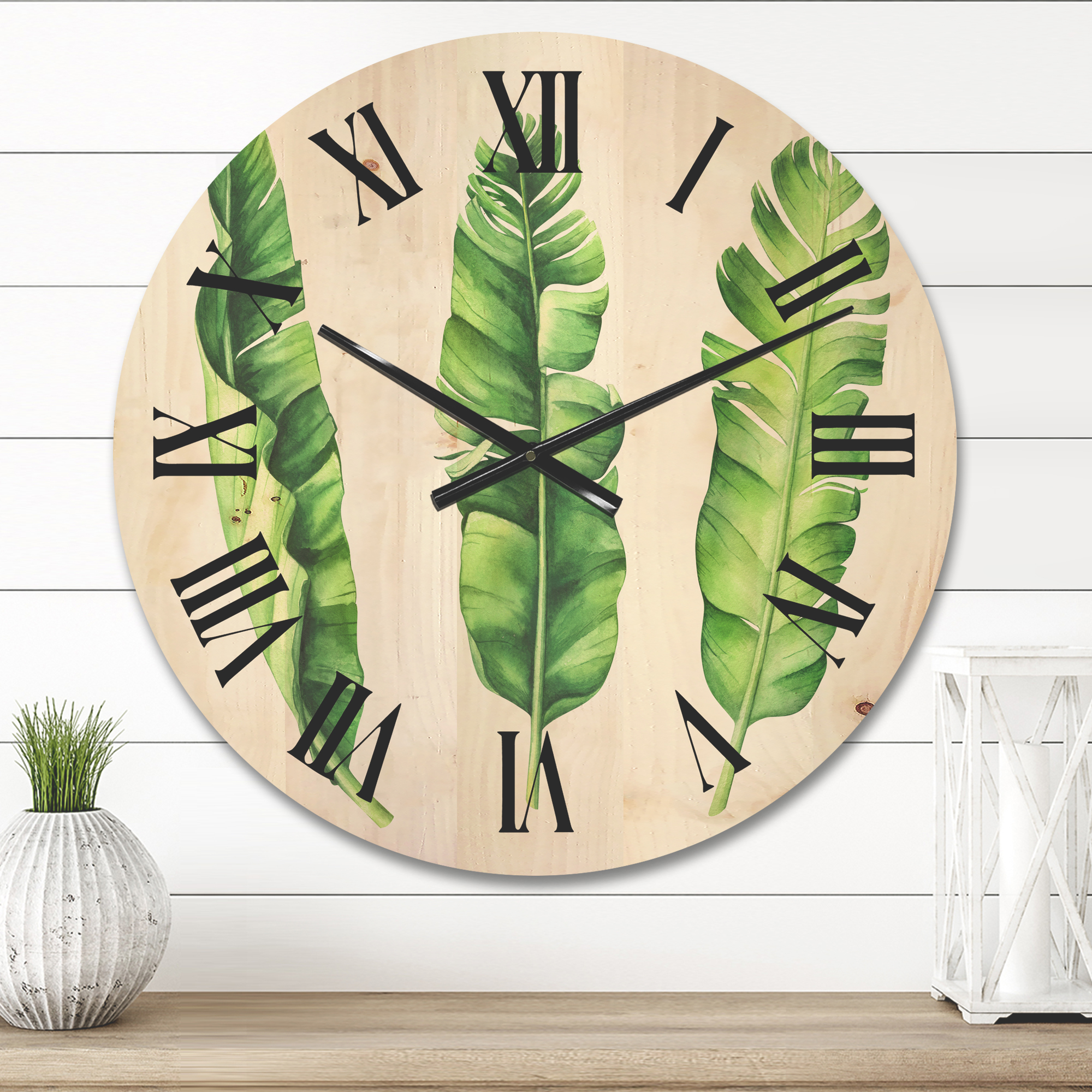 Designart 'Tropical Banana Leaves Set On White' Farmhouse Wood Wall Clock