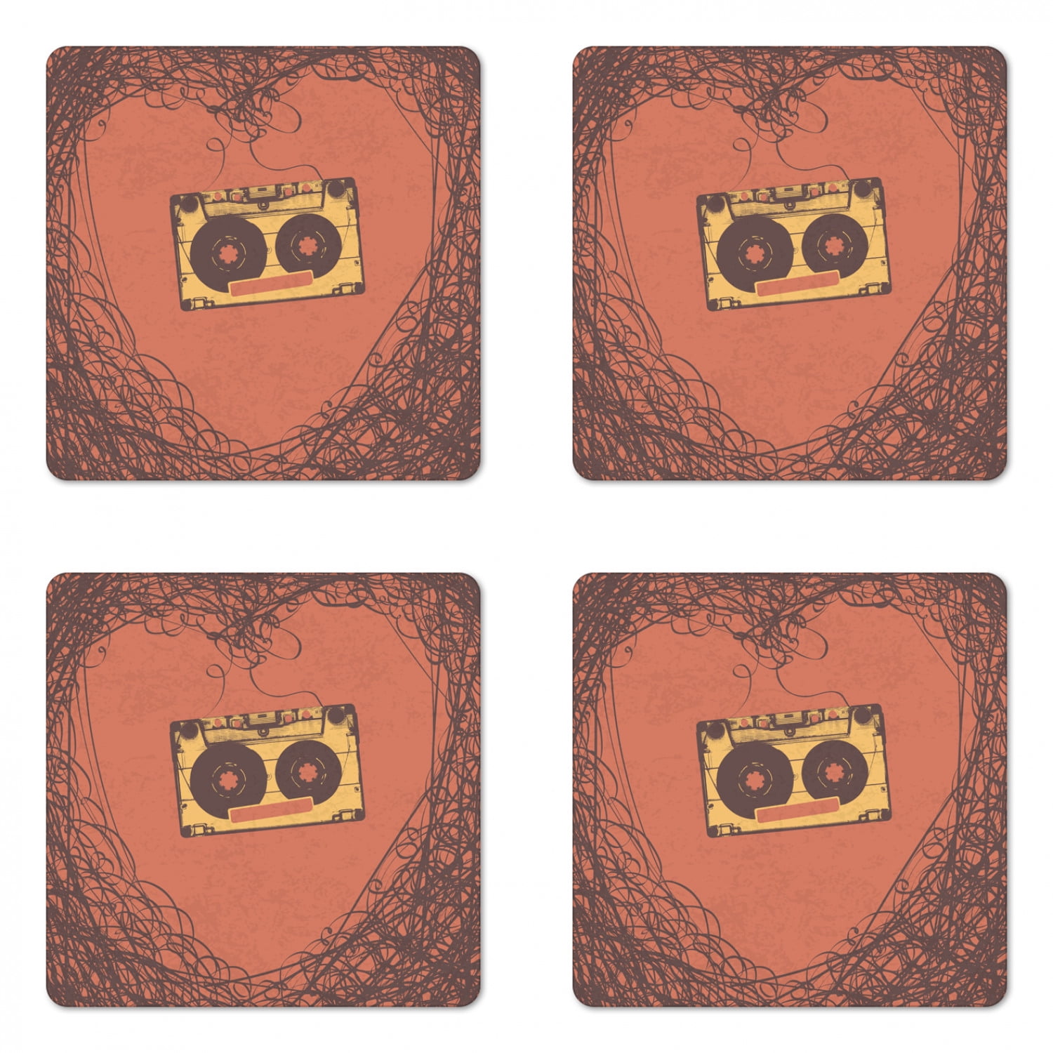 Music Coaster Set of 4, Love OldFashioned Elements Cassette Tape