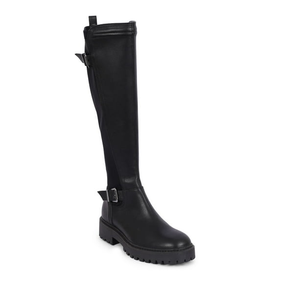 REACTION KENNETH COLE Womens Black Buckle Accent Stretch Salt Round Toe Block Heel Zip-Up Riding Boot 7