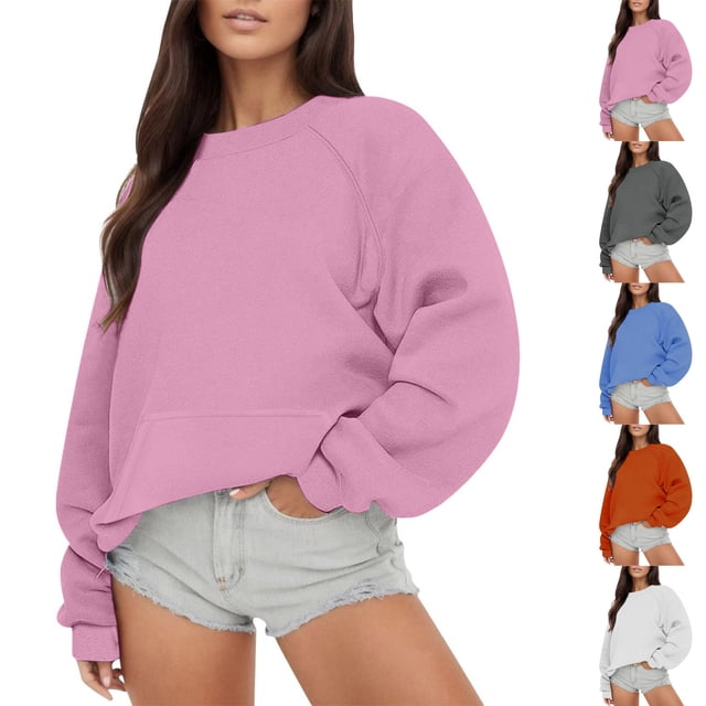 Fanxing Chandail en Molleton Fin pour Femmes, Chandails en Molleton à Col Rond Surdimensionnés, Hauts d'Automne 2024, Velours Uni, Pulls Chauds Rose, P