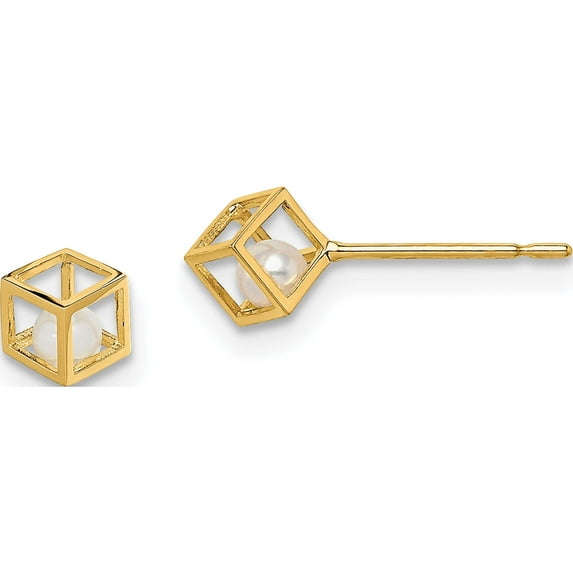 14K Yellow Gold Madi K White Freshwater Cultured Pearl Square Post Earrings Made In Vietnam se2997