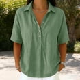 thumbnail image 3 of Hngshg Plus Size Tops for Women Linen Button Collared Comfy Short Sleeve Solid Color Casual Blouses Summer Vacation Going out Tops, 3 of 7
